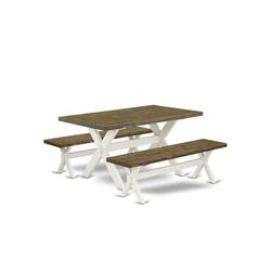 East West Furniture X2-076 3 Piece Dining Table Set - 1 Distressed Jacobean Breakfast Table and 2 Dining Bench - Reliable and Sturdy Construction - Linen White Finish