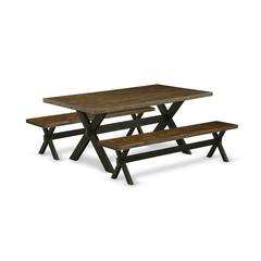 East West Furniture X2-677 3 Pc Dining Room Set - 1 Distressed Jacobean Small Kitchen Table and 2 Small Wooden Benches - Reliable and Sturdy Constructed - Wire Brushed Black Finish