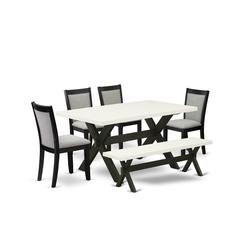 X626MZ606-6 6 Pc Kitchen Table Set - Linen White Table with a Rustic Bench and 4 Shitake Dining Chairs - Wire Brushed Black Finish