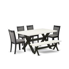X626MZ650-6 6 Pc Table Set - Linen White Dinner Table with Kitchen Bench and 4 Dark Gotham Grey Chairs - Wire Brushed Black Finish