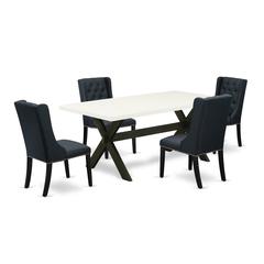 East West Furniture X627FO624-5 - 5 Piece Dining Room Set Includes 4 Black Linen Fabric Padded Chair with Button Tufted and Linen White Dining Room Table - Wire Brush Black Finish