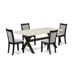 East West Furniture 5 Piece Dining Set - Linen White Top Wood Dining Table with Trestle Base and 4 Shitake Linen Fabric Parson Chairs - Wire Brushed Black Finish