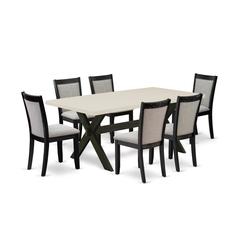 East West Furniture 7 Piece Table Set - Linen White Top Wooden Table with Trestle Base and 6 Shitake Linen Fabric Kitchen Chairs - Wire Brushed Black Finish