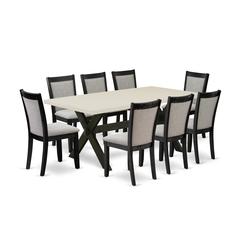 East West Furniture 9 Piece Table Set - A Linen White Top Mid Century Dining Table with Trestle Base and 8 Shitake Linen Fabric Upholstered Dining Chairs - Wire Brushed Black Finish