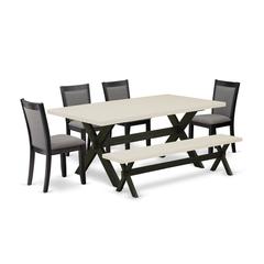 East West Furniture 6 Pc Table Set - Linen White Top Dinner Table with a Wood Bench and 4 Dark Gotham Grey Linen Fabric Upholstered Dining Chairs - Wire Brushed Black Finish