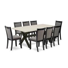East West Furniture 9 Piece Dinner Table Set - A Linen White Top Dining Room Table with Trestle Base and 8 Dark Gotham Grey Linen Fabric Modern Dining Chairs - Wire Brushed Black Finish
