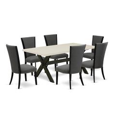 East West Furniture 7 Pc Modern Dining Set Consists of a Linen White Wooden Dining Table and 6 Dark Gotham Grey Linen Fabric Upholstered Chairs with High Back - Wire Brushed Black Finish