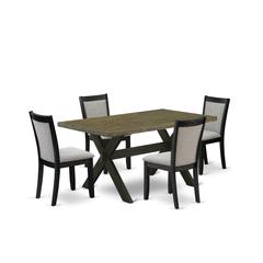 X676MZ606-5 5 Piece Dinette Set - Distressed Jacobean Table with 4 Shitake Linen Fabric Kitchen Chairs - Wire Brushed Black Finish