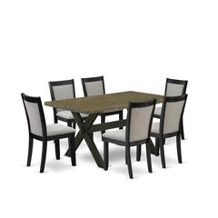 X676MZ606-7 7 Pc Dinette Set - Distressed Jacobean Wood Dining Table with 6 Shitake Parson Chairs - Wire Brushed Black Finish