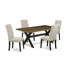 East West Furniture 5-Pc Mid Century Dining Table Set Included 4 Parson Dining room chairs Upholstered Seat and High Button Tufted Chair Back and Rectangular Table with Distressed Jacobean Dining Tabl