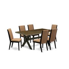 East West Furniture X677LA147-7 7-Piece Amazing Dining Room Set a Great Distressed Jacobean Kitchen Table Top and 6 Beautiful Linen Fabric Kitchen Chairs with Stylish Chair Back, Wire Brushed Black Fi