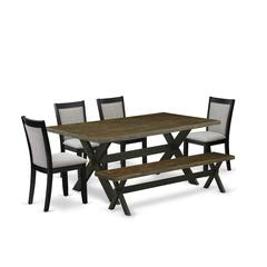 East West Furniture 6 Pc Dinner Table Set - Distressed Jacobean Top Modern Dining Table with a Kitchen Bench and 4 Shitake Linen Fabric Upholstered Chairs - Wire Brushed Black Finish