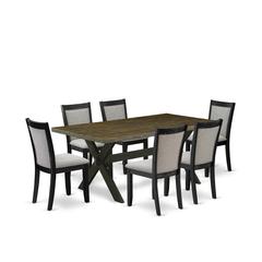 East West Furniture 7 Piece Dining Set - Distressed Jacobean Top Dinning Table with Trestle Base and 6 Shitake Linen Fabric Mid Century Dining Chairs - Wire Brushed Black Finish