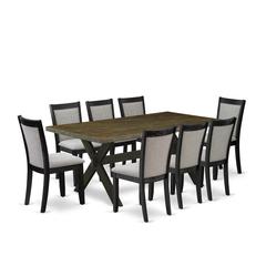 East West Furniture 9 Piece Dinette Set - A Distressed Jacobean Top Mid Century Dining Table with Trestle Base and 8 Shitake Linen Fabric Dining Room Chairs - Wire Brushed Black Finish