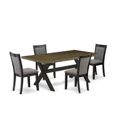 East West Furniture 5 Piece Dining Set - Distressed Jacobean Top Dining Table with Trestle Base and 4 Dark Gotham Grey Linen Fabric Upholstered Dining Chairs - Wire Brushed Black Finish