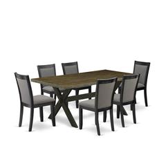 East West Furniture 7 Pc Dining Room Table Set - Distressed Jacobean Top Dinning Table with Trestle Base and 6 Dark Gotham Grey Linen Fabric Dining Chairs - Wire Brushed Black Finish