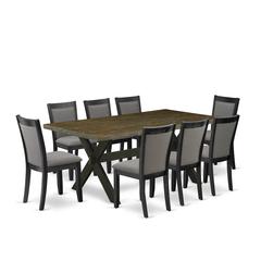 East West Furniture 9 Piece Dinette Set - A Distressed Jacobean Top Dining Table with Trestle Base and 8 Dark Gotham Grey Linen Fabric Dinning Chairs - Wire Brushed Black Finish