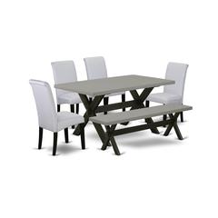 East West Furniture 6 Pc Dinner Table Set Consists of a Cement Dining Table and a Dinning Bench, 4 Grey Linen Fabric Upholstered Dining Chairs with High Back - Wire Brushed Black Finish