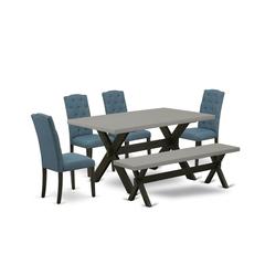 East West Furniture 6 Piece Table Set Includes a Cement Wooden Dining Table and a Dining Room Bench, 4 Blue Linen Fabric Dining Chairs with Button Tufted Back - Wire Brushed Black Finish