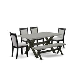 East West Furniture 6 Piece Kitchen Table Set - A Cement Top Kitchen Table with Small Wood Bench and 4 Shitake Linen Fabric Upholstered Wooden Dining Chairs - Wire Brushed Black Finish