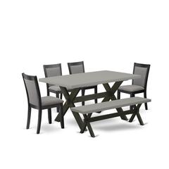 East West Furniture 6 Piece Modern Dining Set - A Cement Top Wood Dining Table with a Bench and 4 Dark Gotham Grey Linen Fabric Upholstered Dining Chairs - Wire Brushed Black Finish