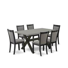 East West Furniture 7 Piece Dining Room Table Set - A Cement Top Mid Century Dining Table with Trestle Base and 6 Dark Gotham Grey Linen Fabric Parson Chairs - Wire Brushed Black Finish