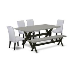 East West Furniture 6 Piece Dining Room Table Set Contains a Cement Dining Table and a Dinning Bench, 4 Grey Linen Fabric Upholstered Chairs with High Back - Wire Brushed Black Finish