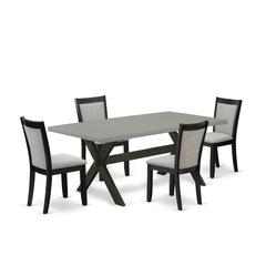 East West Furniture 5 Piece Modern Dining Set - A Cement Top Dinner Table with Trestle Base and 4 Shitake Linen Fabric Wood Dining Chairs - Wire Brushed Black Finish