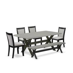 East West Furniture 6 Pc Dining Room Set - Cement Top Dining Table with a Wood Bench and 4 Shitake Linen Fabric Upholstered Kitchen Chairs - Wire Brushed Black Finish