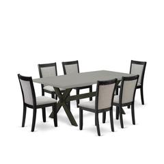 East West Furniture 7 Piece Mid Century Modern Dining Set - Cement Top Wooden Dining Table with Trestle Base and 6 Shitake Linen Fabric Dining Room Chairs - Wire Brushed Black Finish