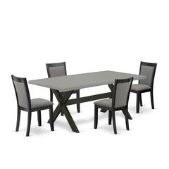 East West Furniture 5 Piece Dining Room Table Set - Cement Top Wood Dining Table with Trestle Base and 4 Dark Gotham Grey Linen Fabric Kitchen Chairs - Wire Brushed Black Finish