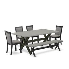 East West Furniture 6 Piece Table Set - Cement Top Modern Dining Table with a Dining Bench and 4 Dark Gotham Grey Linen Fabric Upholstered Parson Chairs - Wire Brushed Black Finish