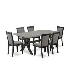 East West Furniture 7 Piece Kitchen Dining Table Set - Cement Top Modern Kitchen Table with Trestle Base and 6 Dark Gotham Grey Linen Fabric Dining Room Chairs - Wire Brushed Black Finish