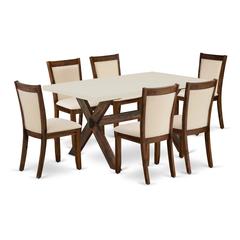 East West Furniture 7-Piece Kitchen Table Set Consists of a Dining Room Table and 6 Light Beige Linen Fabric Dining Room Chairs with Stylish Back - Distressed Jacobean Finish