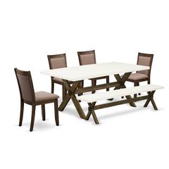 X727MZ748-6 6 Piece Dining Set- A Dinning Table in Trestle Base with Bench and 4 Coffee Dinner Chairs - Distressed Jacobean Finish