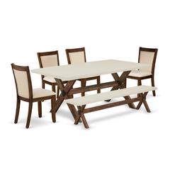 East West Furniture 6-Piece Kitchen Table Set Includes a Dinner Table and a Kitchen Bench with 4 Light Beige Linen Fabric Upholstered Chairs with Stylish Back - Distressed Jacobean Finish