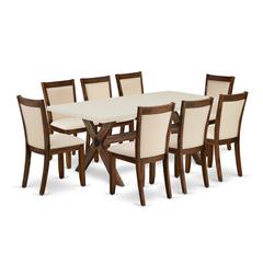East West Furniture 9-Piece Dining Table Set Contains a Wood Dining Table and 8 Light Beige Linen Fabric Mid Century Dining Chairs with Stylish Back - Distressed Jacobean Finish