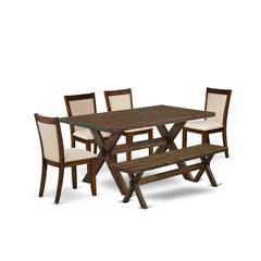 East West Furniture 6-Piece Dining Room Set Consists of a Rectangular Table and a Wooden Bench with 4 Light Beige Linen Fabric Dinner Chairs with Stylish Back - Distressed Jacobean Finish