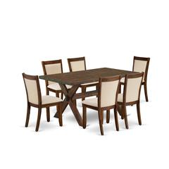 East West Furniture 7-Pc Kitchen Table Set Contains a Mid Century Table and 6 Light Beige Linen Fabric Parsons Chairs with Stylish Back - Distressed Jacobean Finish