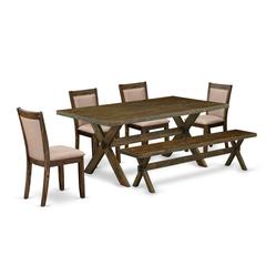 East West Furniture 6 Piece Dinette Set- A Distressed Jacobean Top Modern Dining Table in Trestle Base with Bench and 4 Dark Khaki Linen Fabric Dining Chairs - Distressed Jacobean Finish