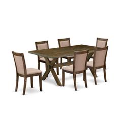 East West Furniture 7 Piece Rustic Dining Table Set - A Distressed Jacobean Top Wooden Table with Trestle Base and 6 Dark Khaki Linen Fabric Dining Chairs - Distressed Jacobean Finish