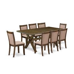 East West Furniture 9 Piece Modern Dining Set - A Distressed Jacobean Top Dining Table with Trestle Base and 8 Dark Khaki Linen Fabric Parson Chairs - Distressed Jacobean Finish