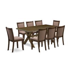 East West Furniture 9 Piece Kitchen Table Set - A Distressed Jacobean Top Kitchen Table with Trestle Base and 8 Coffee Linen Fabric Dinner Chairs - Distressed Jacobean Finish