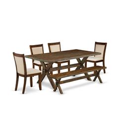 East West Furniture 6-Pc Mid Century Dining Set Consists of a Wood Table and a Dinner Bench with 4 Light Beige Linen Fabric Padded Chairs with Stylish Back - Distressed Jacobean Finish