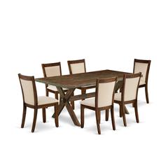 East West Furniture 7-Piece Dining Table Set Contains a Wooden Table and 6 Light Beige Linen Fabric Mid Century Dining Chairs with Stylish Back - Distressed Jacobean Finish