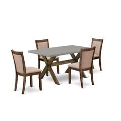 East West Furniture 5 Piece Contemporary Kitchen Dining Table Set - A Cement Top Kitchen Table with Trestle Base and 4 Dark Khaki Linen Fabric Dining Chairs - Distressed Jacobean Finish