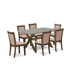 East West Furniture 7 Piece Contemporary Modern Dining Set - A Cement Top Dinner Table with Trestle Base and 6 Dark Khaki Linen Fabric Dining Room Chairs - Distressed Jacobean Finish