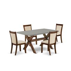 East West Furniture 5-Piece Dining Room Table Set Consists of a Mid Century Dining Table and 4 Light Beige Linen Fabric Parsons Chairs with Stylish Back - Distressed Jacobean Finish