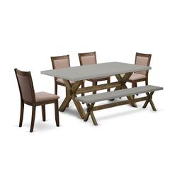 East West Furniture 6 Piece Modern Dining Table Set- A Cement Top Kitchen Table in Trestle Base with Small Wood Bench and 4 Coffee Linen Fabric Dining Chairs - Distressed Jacobean Finish