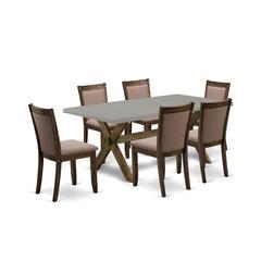 East West Furniture 7 Piece Modern Dinner Table Set - A Cement Top Dining Room Table with Trestle Base and 6 Coffee Linen Fabric Mid Century Dining Chairs - Distressed Jacobean Finish